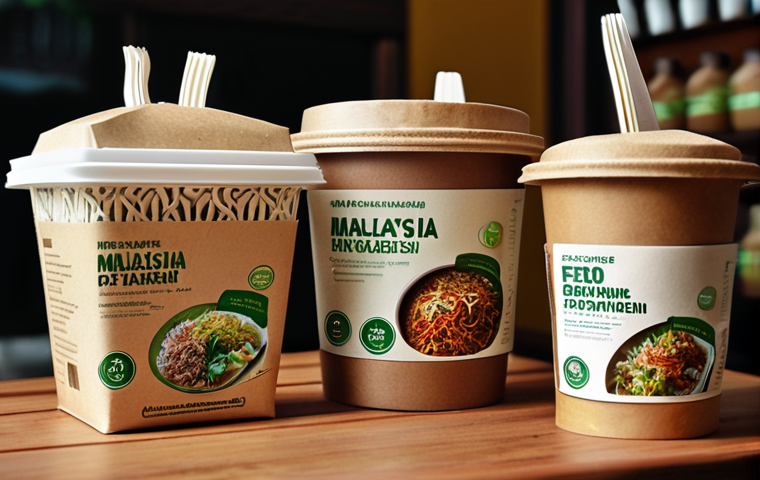 **
Prompt: "A Malaysian restaurant showcasing biodegradable food packaging to eco-conscious customers. Focus on the restaurant's branding and the appreciation of patrons holding the sustainable containers."
**